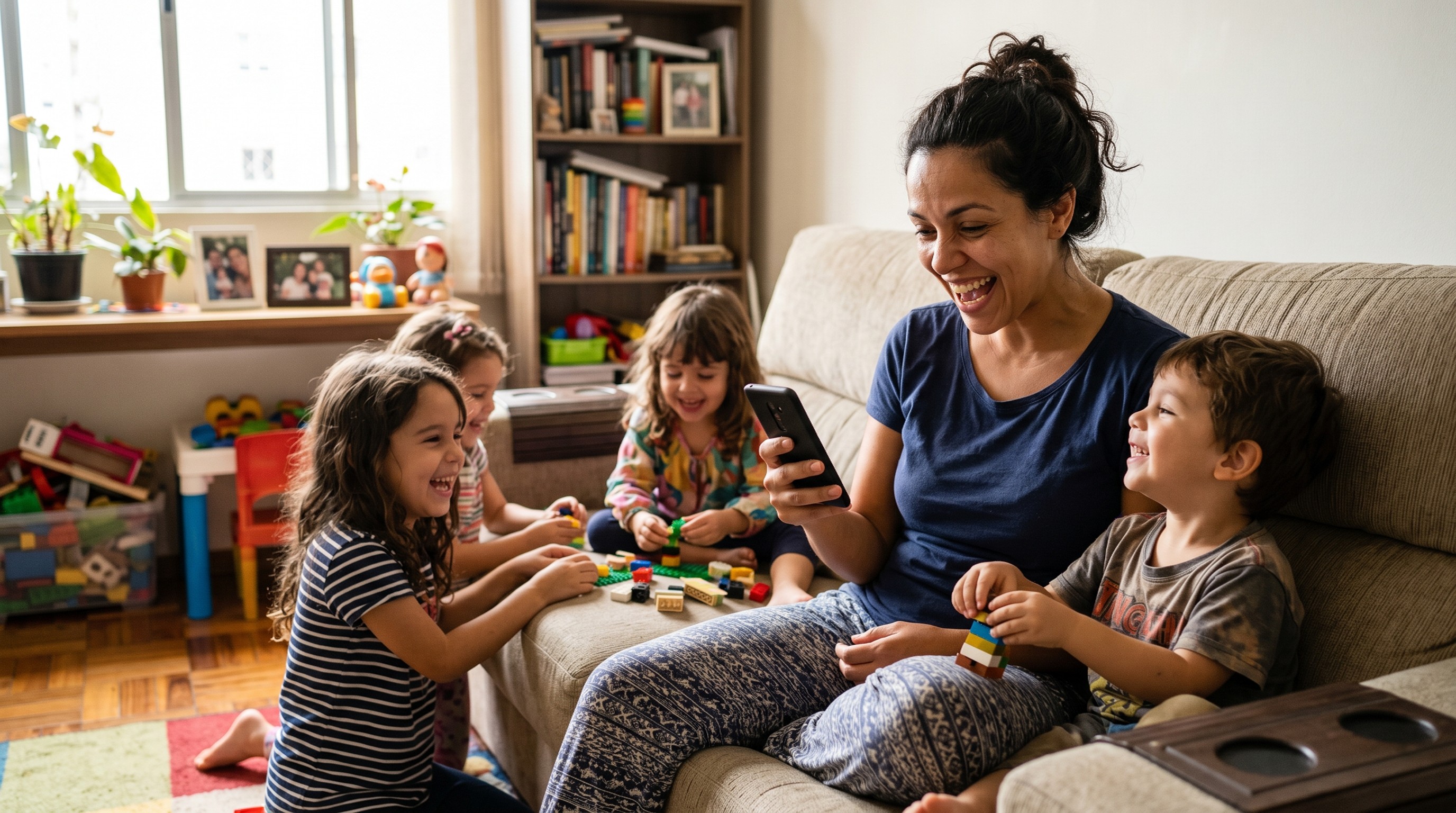 Mãe em casa com filhos usando celular