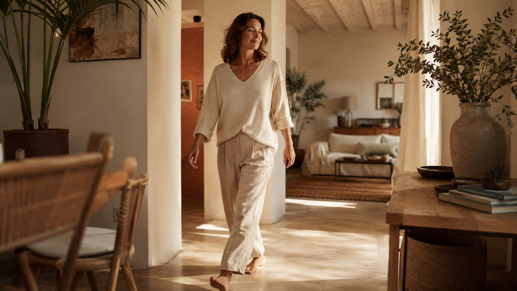 mulher madura entre 38 e 48 anos caminhando descalça e com leveza por um cômodo da casa banhado por luz dourada suave. Ela está em movimento natural, com expressão serena e aliviada, transmitindo a sensação de ter soltado um peso interno