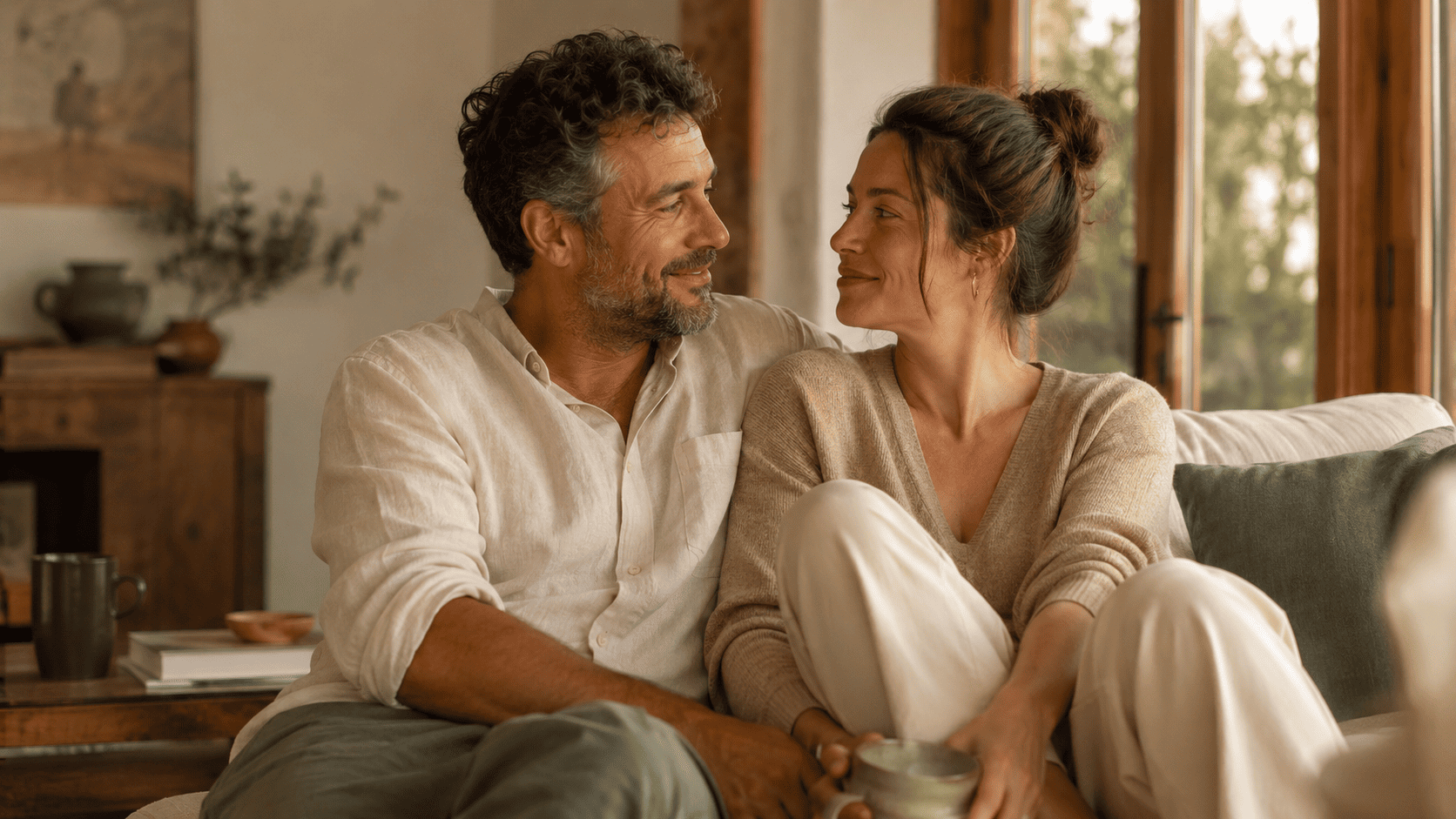 casal maduro entre 38 e 48 anos vivendo um momento cotidiano de leveza e conexão em casa. Eles estão próximos um do outro em um ambiente acolhedor e elegante, trocando um olhar sereno, um sorriso leve ou um gesto espontâneo de afeto, transmitindo intimidade, amizade, parceria e uma relação emocionalmente saudável.