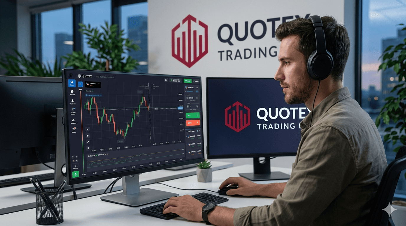 Interface da plataforma de trading Quotex com gráficos e ferramentas de análise